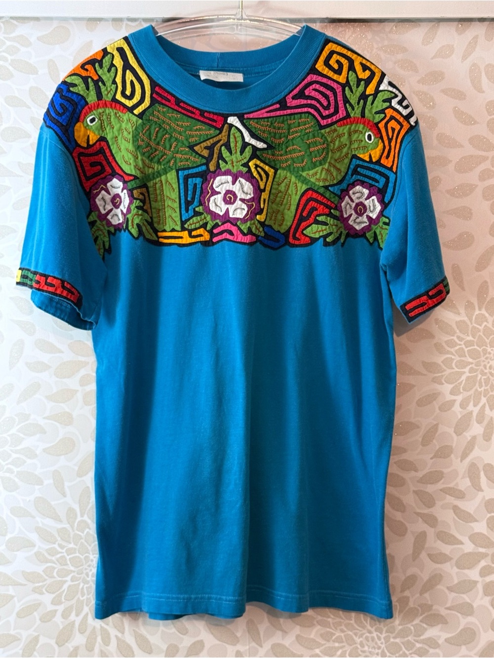 Vintage Indios Siamarmola Women’s L Blue Parrot Flower Handmade Tee T Shirt Top